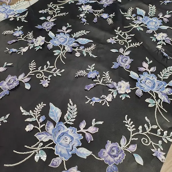 3D Broderi Blomma Applique Pärlor och paljetter Broderade spetstyg