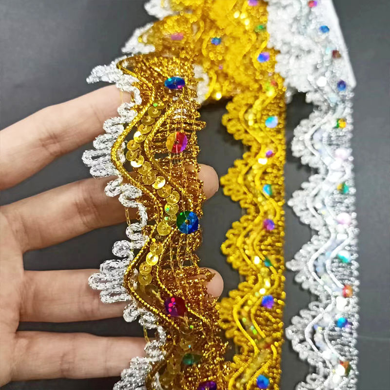 Klädtillbehör Guld och silver metallisk gräns spets trim flerfärgad paljett guldtråd metallisk spets trim