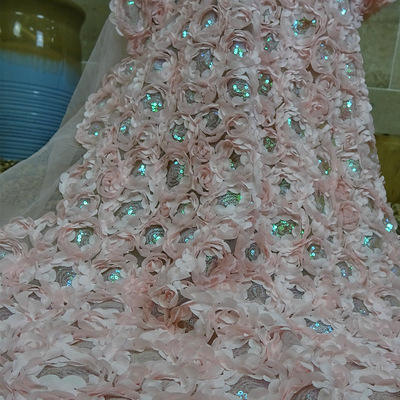 3D Rose Wedding Fabric Flowers Rug Soft Bridal Dress Feather Spets Tyg med paljett
