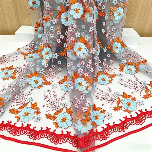Vintage multi-color broderi Mesh spetstyg för klänningar
